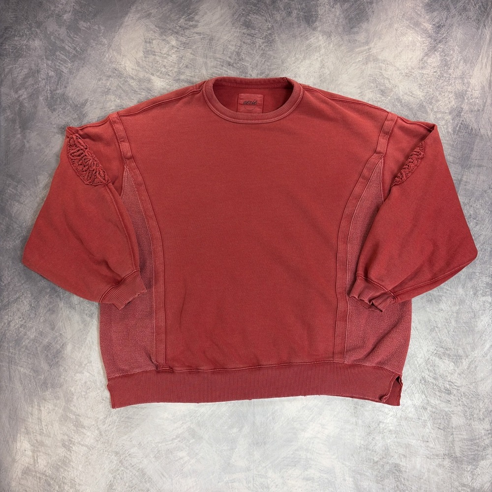 Aerie Sweatshirt Womens Small Red Lace Sleeve Oversized Crewneck Pullover